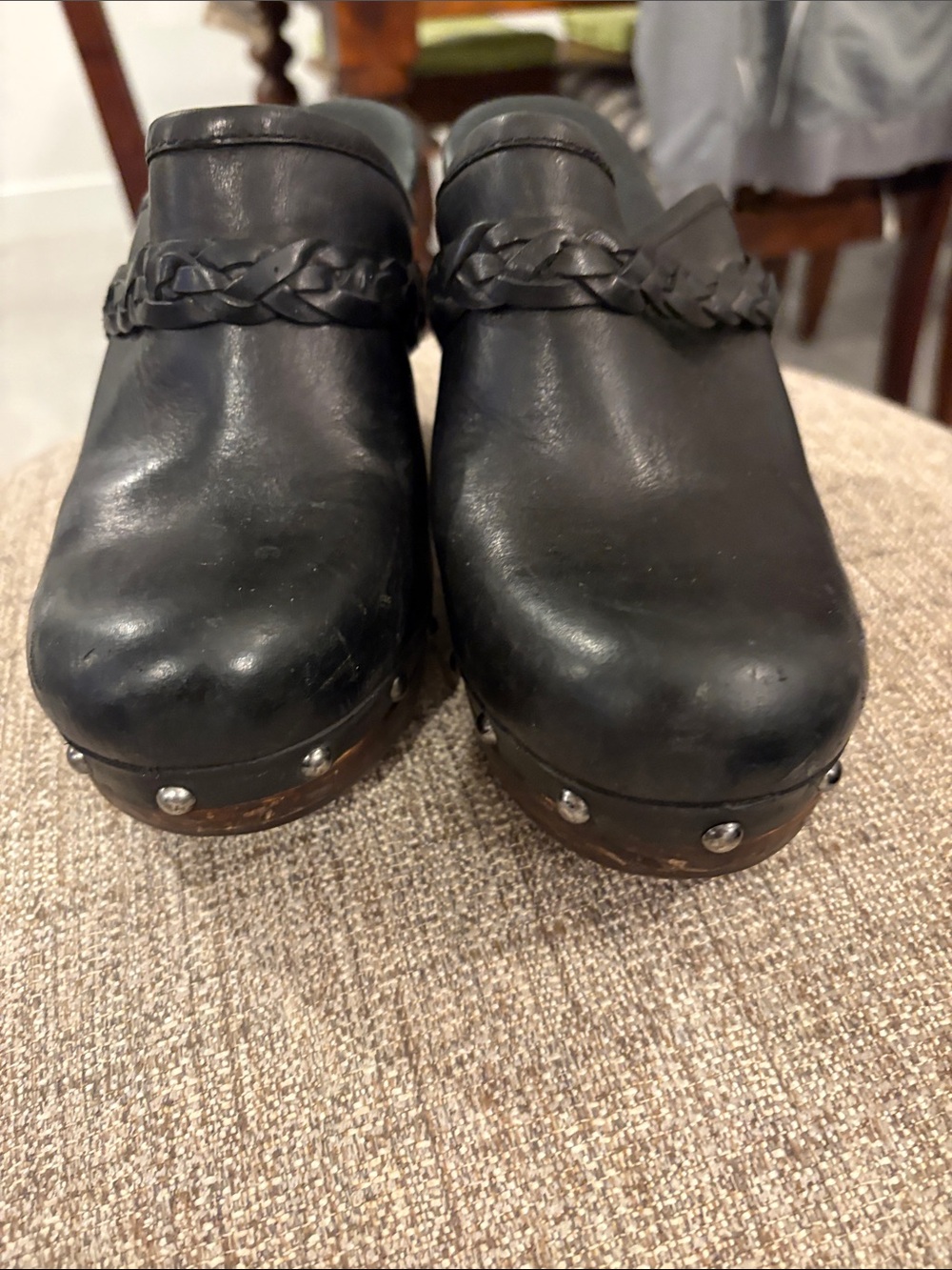 UGG Black Leather Braided Clog Mules with Studded Wood-Look Platform